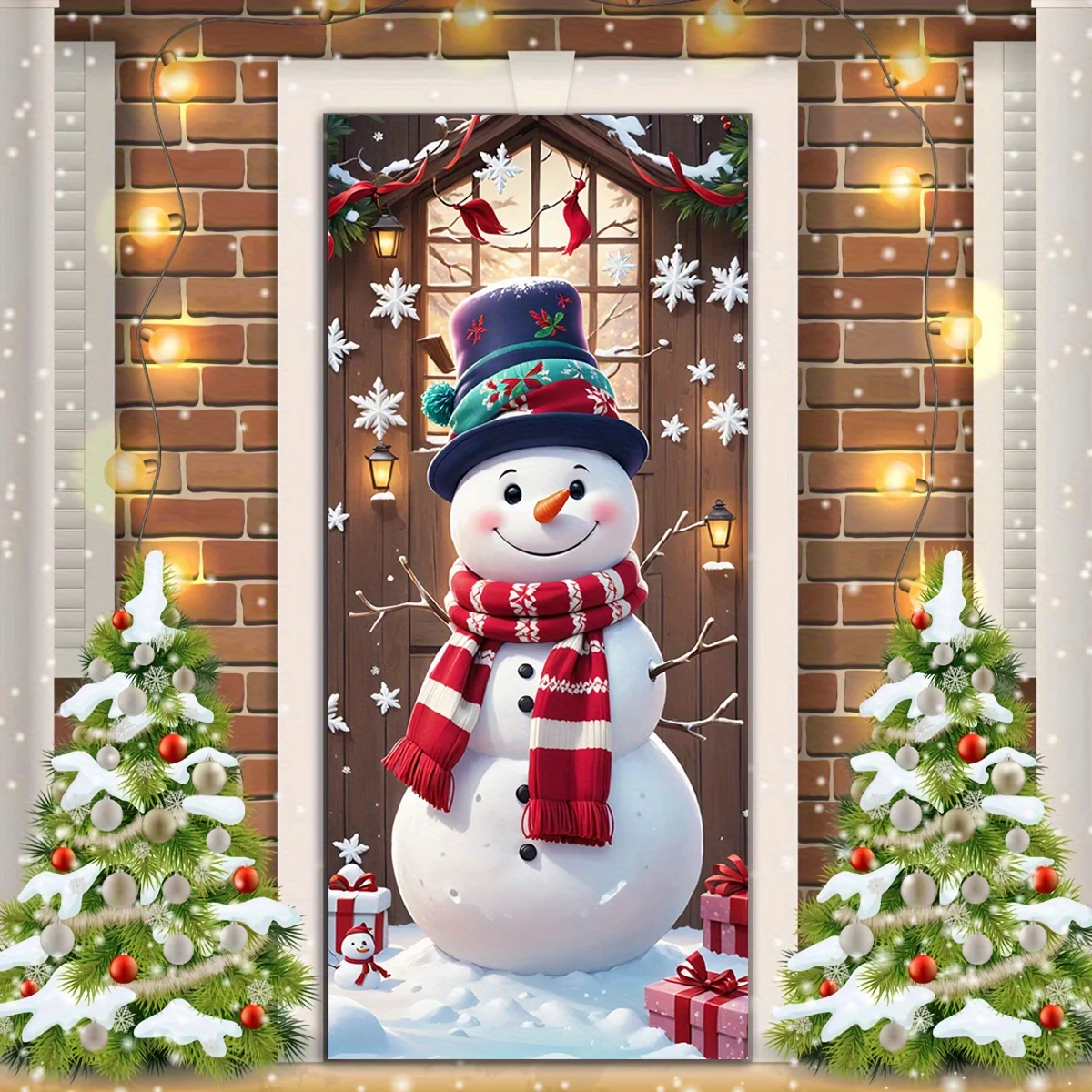 2D flach, 1 2D flache Weihnachtsschneemann-Türabdeckung – ein Schneemann mit rotem Schal und Wintermütze, mit Schneeflocken und Holly