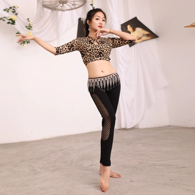 Dança do ventre leopardo impressão superior + calças finas roupas de prática feminina roupas elegantes dança oriental prática desempenho calças