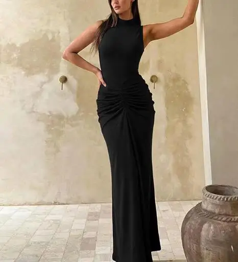 

2026 Spring New Women's Fashion Sexy Folded Waist Back Split Round Neck Sleeveless Dress