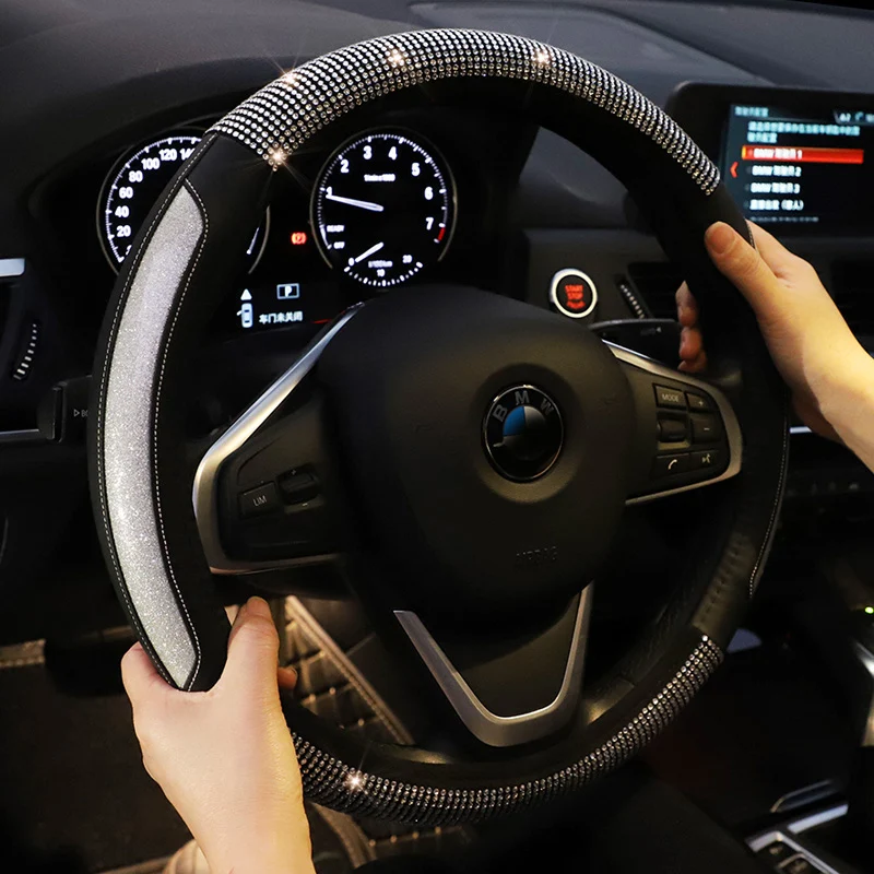 

Diamond Splice Leather Anti-Slip Steering Wheel Cover with Bling Bling Crystal Rhinestones, Universal 15 Inch for Women Girls