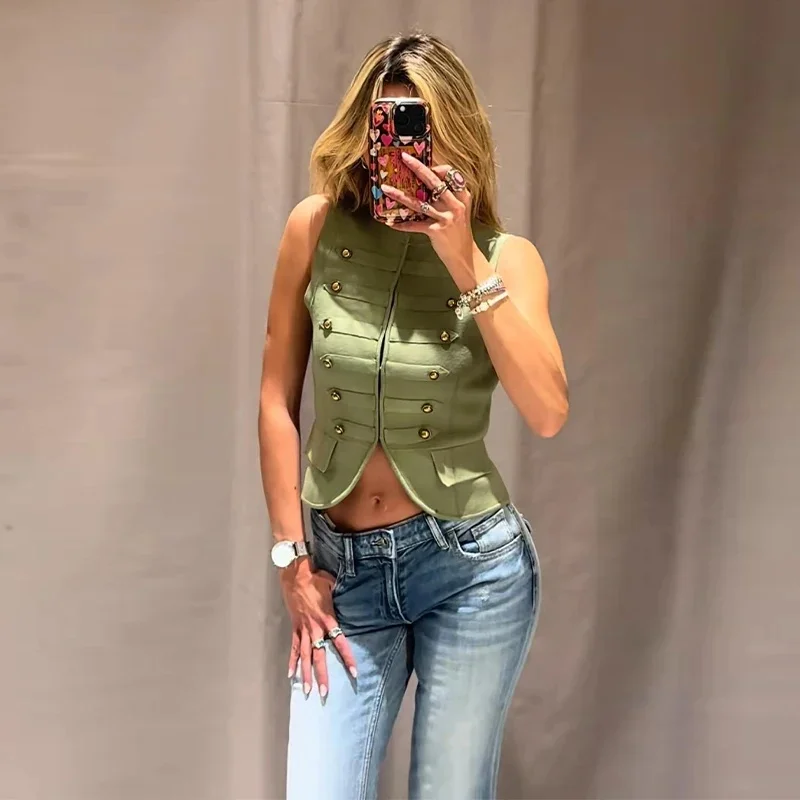 Women's Casual Knitted Napoleon Vest Tops Summer Female Slim Sleeveless Hidden Buckle Retro Vests Lady Streetwear Knitted Vests