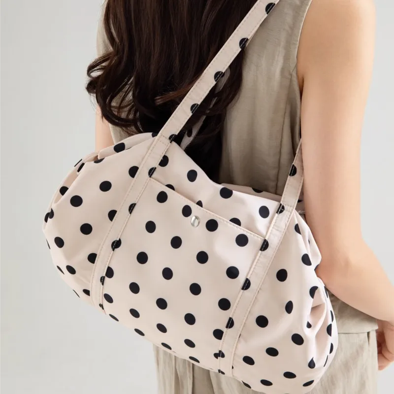 

Sweet Cute Polka Dot Handbag Women Large Capacity Nylon Lightweight Shoulder Bags Ladies Short Trip Sports Storage Underarm Bag
