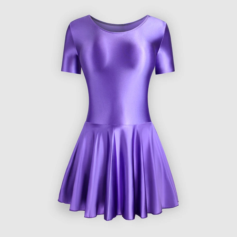 Satin silky dress sexy tight sports Yoga  Swimsuit ballet skirt short sleeve umbrella dress glossy skirt party dress leotard