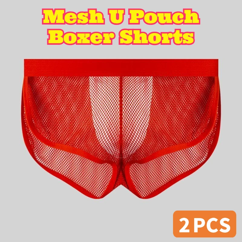 2PCS Mid Waist Sexy Large Mesh Boxer Shorts U Pouch Design Transparent Net Cloth New Style Breathable Loose Underwear Daily Wear