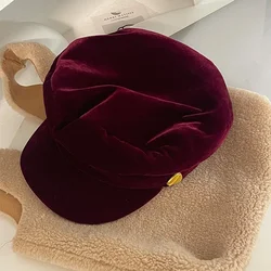 Angola Red Velvet Newsboy Hat Autumn and Winter Atmosphere British Style Flat Top Octagonal Hat Korean Retro Painter Hat
