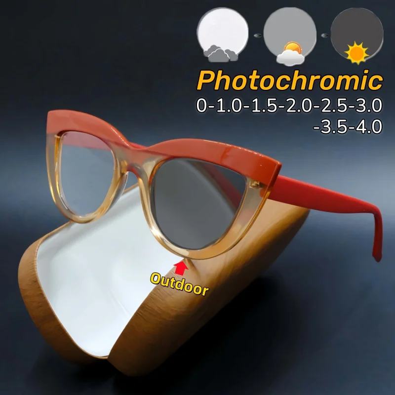 

Retro Cat Eye Photochromic Myopia Glasses Women and Men Multi-color Splicing Ultra Light Near Sight Eyeglasses 0 To -4.0