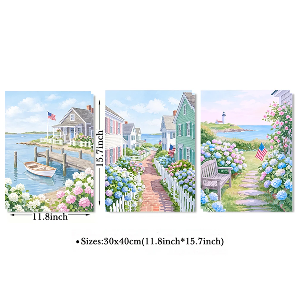 Set of 3 Coastal Village Hydrangea Lighthouse Canvas Wall Art Prints Unframed Cottage Bedroom Living Room Study Hallway Home