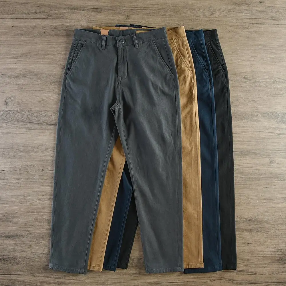 Loose Straight Leg Men's Casual Pants Khaki Workwear Trousers Wear Resistant Washed Long Trousers Autumn Season Cotton Blend