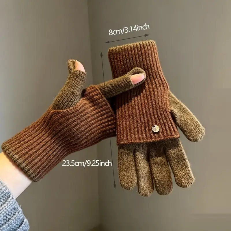 1Pair Korean Knitted Touchscreen Gloves Women Splicing Color Versatile Fashion Two Finger Thick Warm Outdoor Skiing Plush Gloves