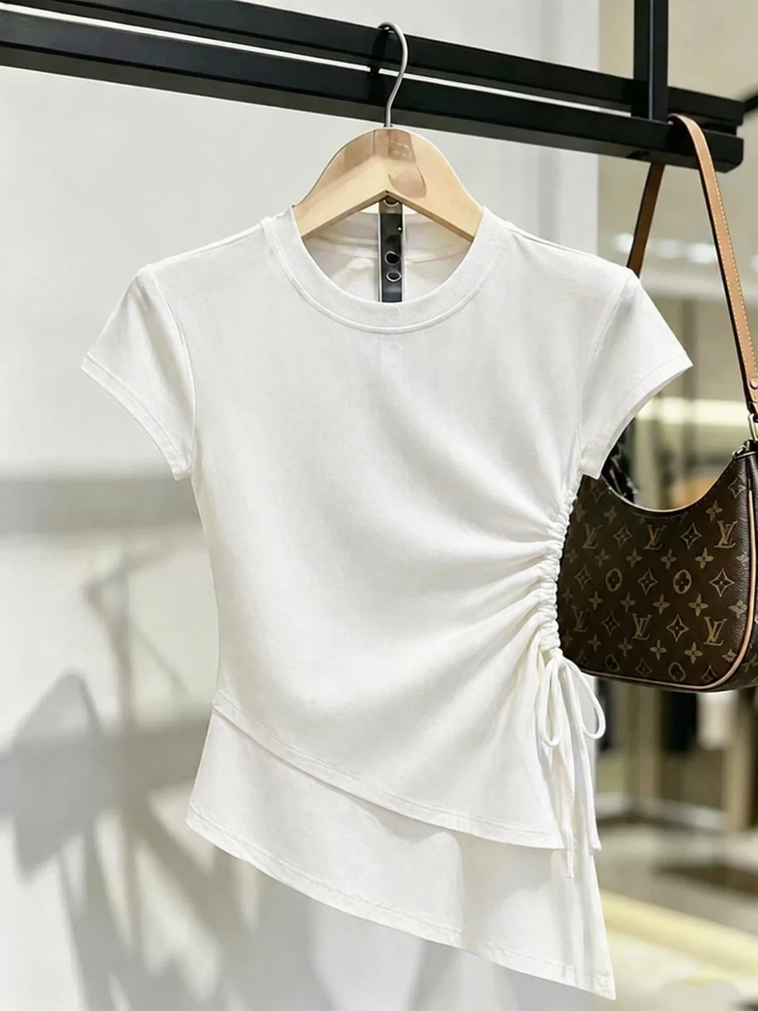 

Fashionable Drawstring Short Sleeve T-Shirt Women's Slim Fit round Neck White Stylish Top Korean Style Commute Silk Blend