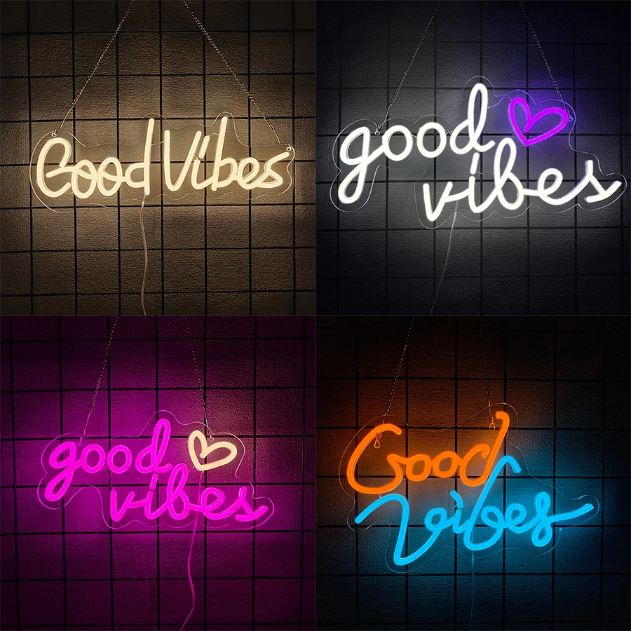

Неоновая вывеска Good Vibes Led с изображением сердца и букв, подходит для декора спальни, вечеринок, студии, бара, игровой комнаты, подарков для влюбленных.