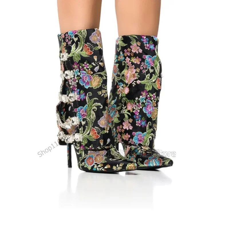 Colorful Floral Embroidery Crystal Decor Boots Mid Calf Slip On Women Shoes Thin High Heels Pointed Toe 2023 Zapatos Para Mujere
