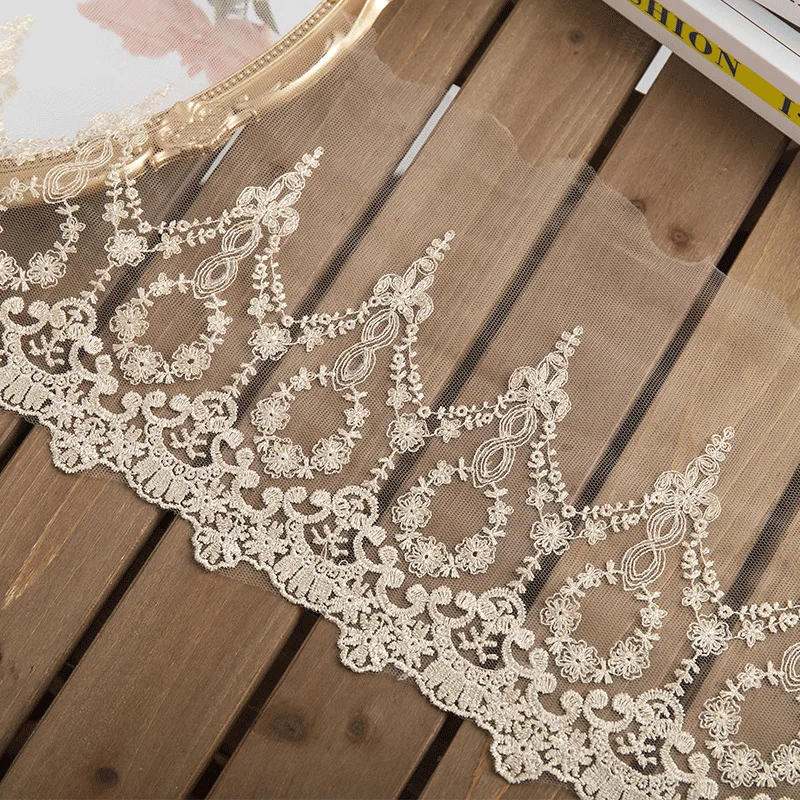 1 Yard 22cm wide Gold Polyester Soft Mesh Embroidery Lace Trimmings Dress Accessories Lace Fabric Sewing Crafts Doll Material