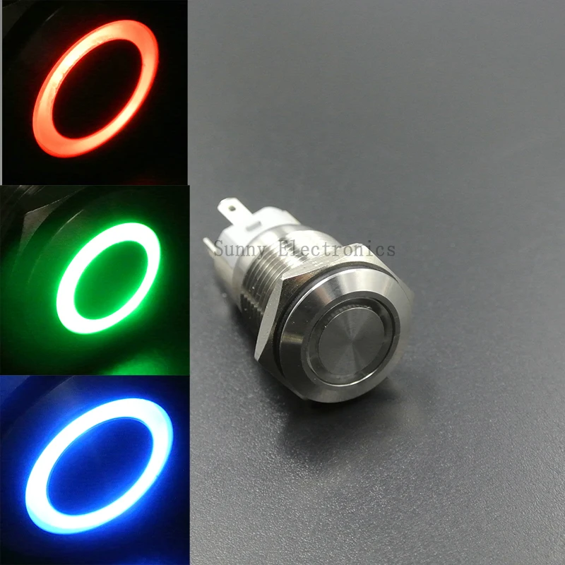 50pcs Waterproof stainless steel Blue/red/green/white/yellow Led 12V  16mm ON-OFF Metal Push Button Latching Switch For Car Boat