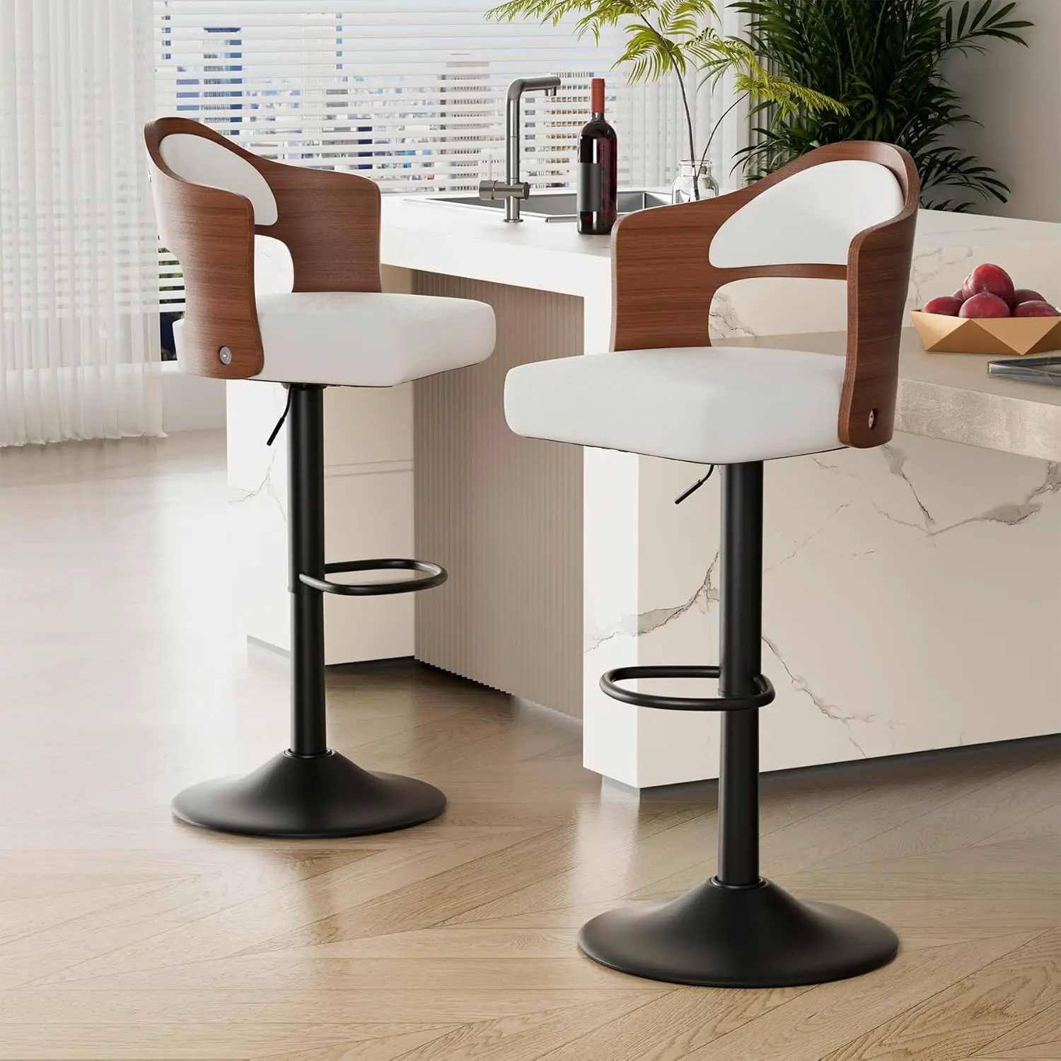 

Swivel Bar Stools Set Of 2, Wooden Upholstered PU Leather Barstools With Back & Footrest,Seat Adjustable Height, Customized