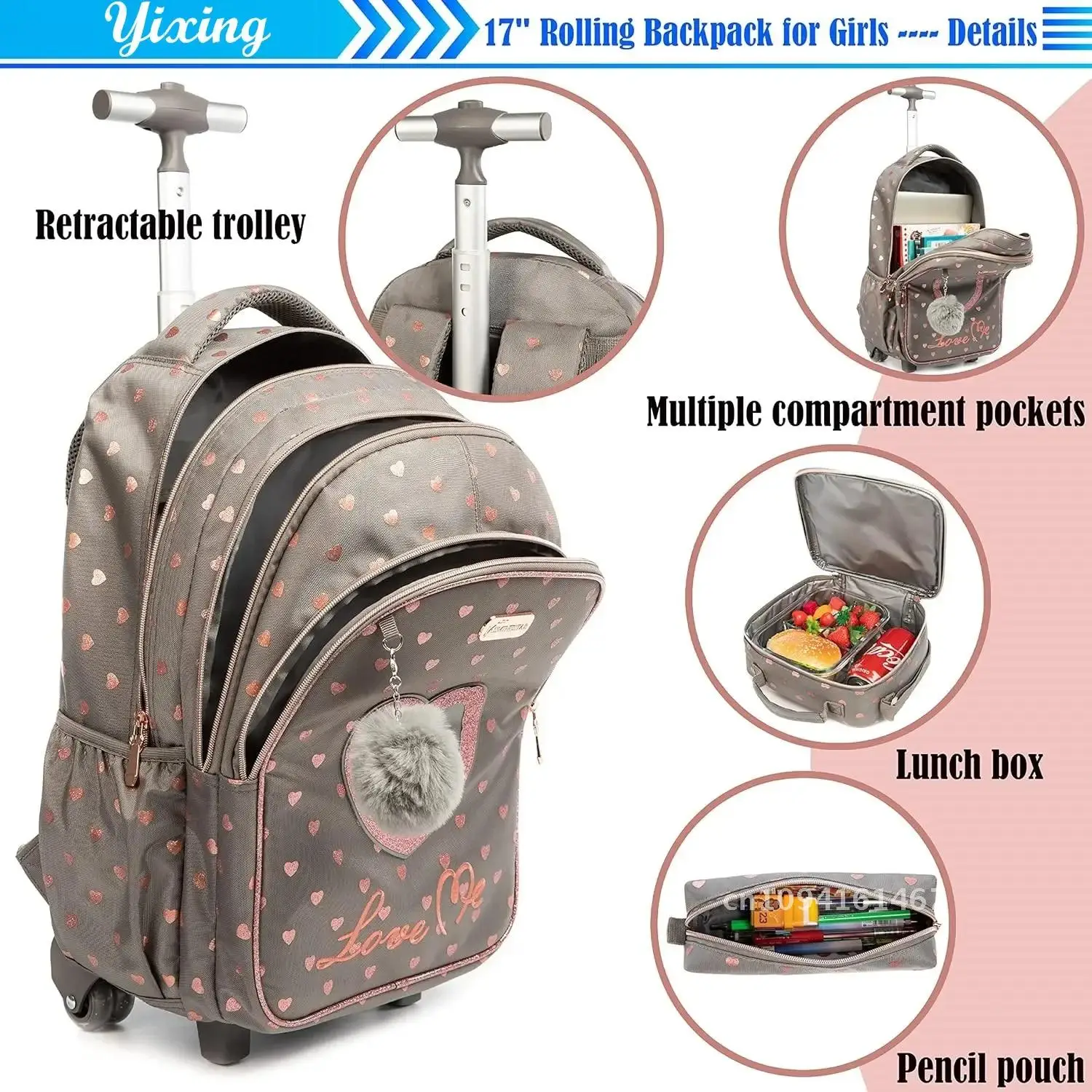 Mochila infantil com rodas, conjunto com lancheira, mochila escolar com rodas, carrinho escolar para meninas