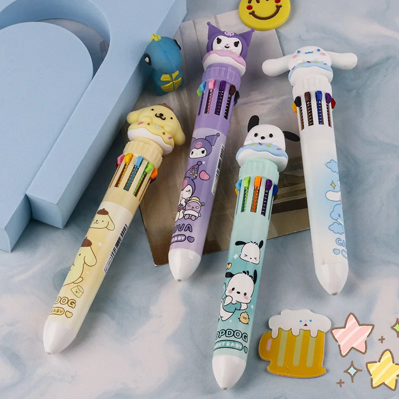 Sanrio 12-24pcs 10-Color Ballpoint Pen Cartoon Cute Pochacco Multi-Color Pressed Color Pen Student Gao Yan Stationery Wholesale