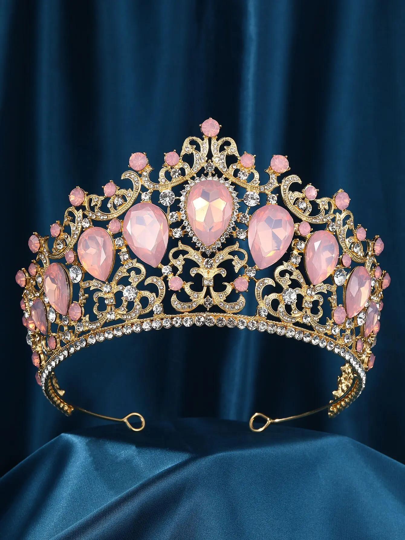 Baroque 5 Colors Green Pink Opal Crystal Big Tiara Crown For Women Girls Wedding Party Bridal Elegant Hair Dress Jewelry