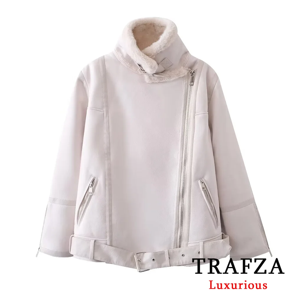 TRAFZA Casual Rabbit Fur Leather Jackets Women Long Sleeve Zipper Sashes Long Coats Fashion 2024 Autumn Winter Thick Luxury Coat