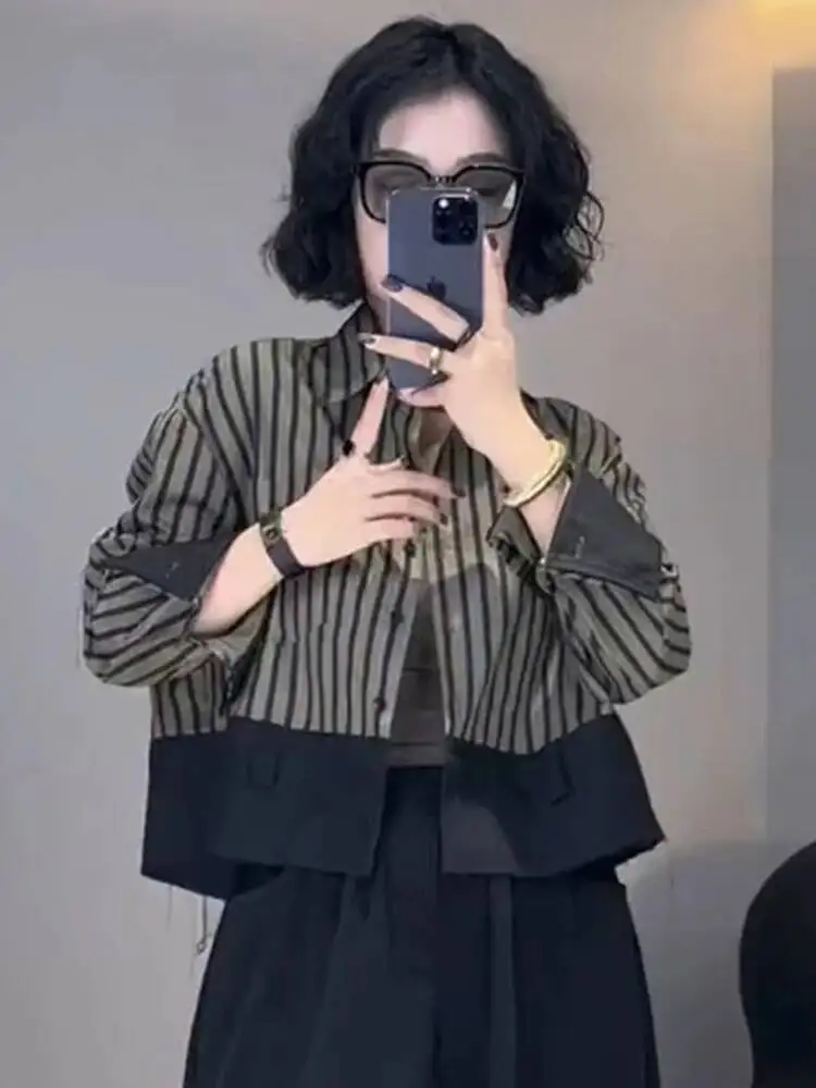 Retro Hong Kong Sle Irt Ort Loose Striped Color  Women's Spring Autumn Polyester Fiber Button Up Top