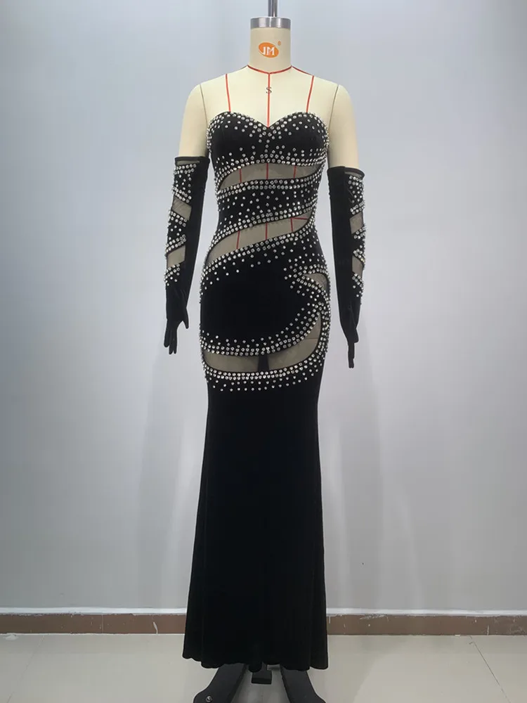 Celebrity Luxury Sexy Strapless Studded Diamonds Black Mesh Maxi Long Women Dress 2024 Elegant Party Evening Club Vestido