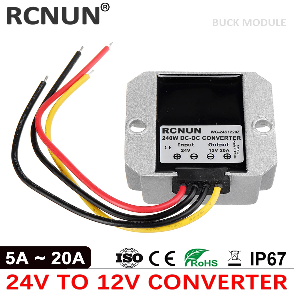 RCNUN 24V to 12V 5A 10A 20A Reliable DC DC Converter Step Down Voltage Regulator 24 volt to 12 volt Buck Module for Cars Solar