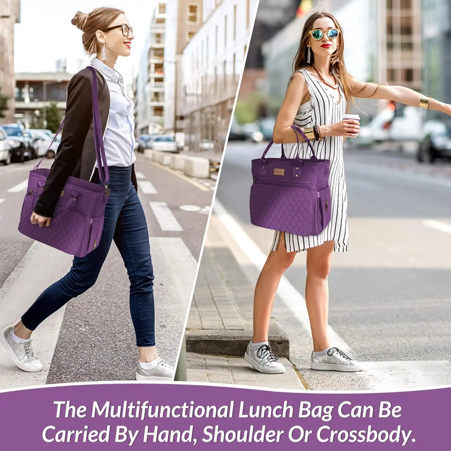 Large Insulated Lunch Bag for Work, Women's Nylon Thermal Lunch Box, Leakproof Cooler Tote Bag with Storage Pocket (Black)