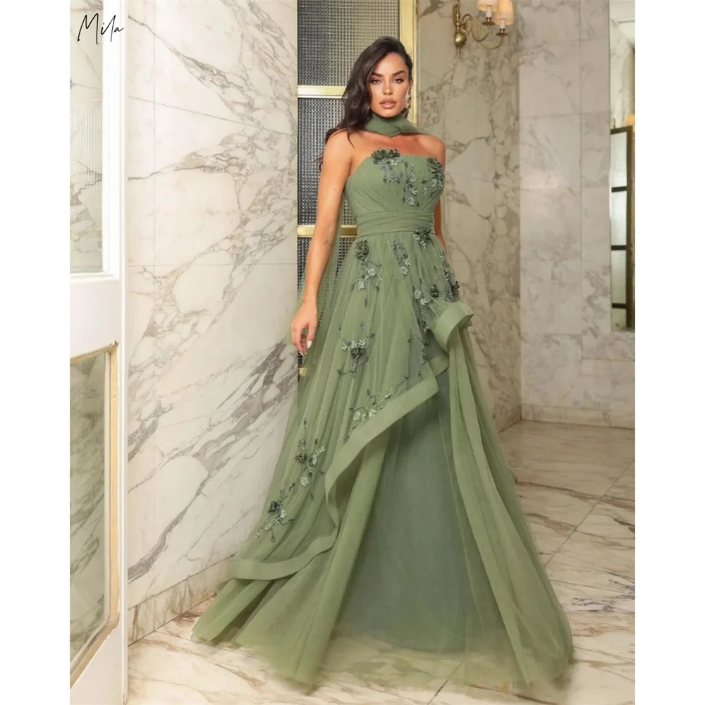 

Mila Green Тюлевые платья для выпускного вечера с цветочным принтом и шарфом без бретелек по индивидуальному заказу Торжественное вечернее платье длиной до пола, платья de fiesta 2025
