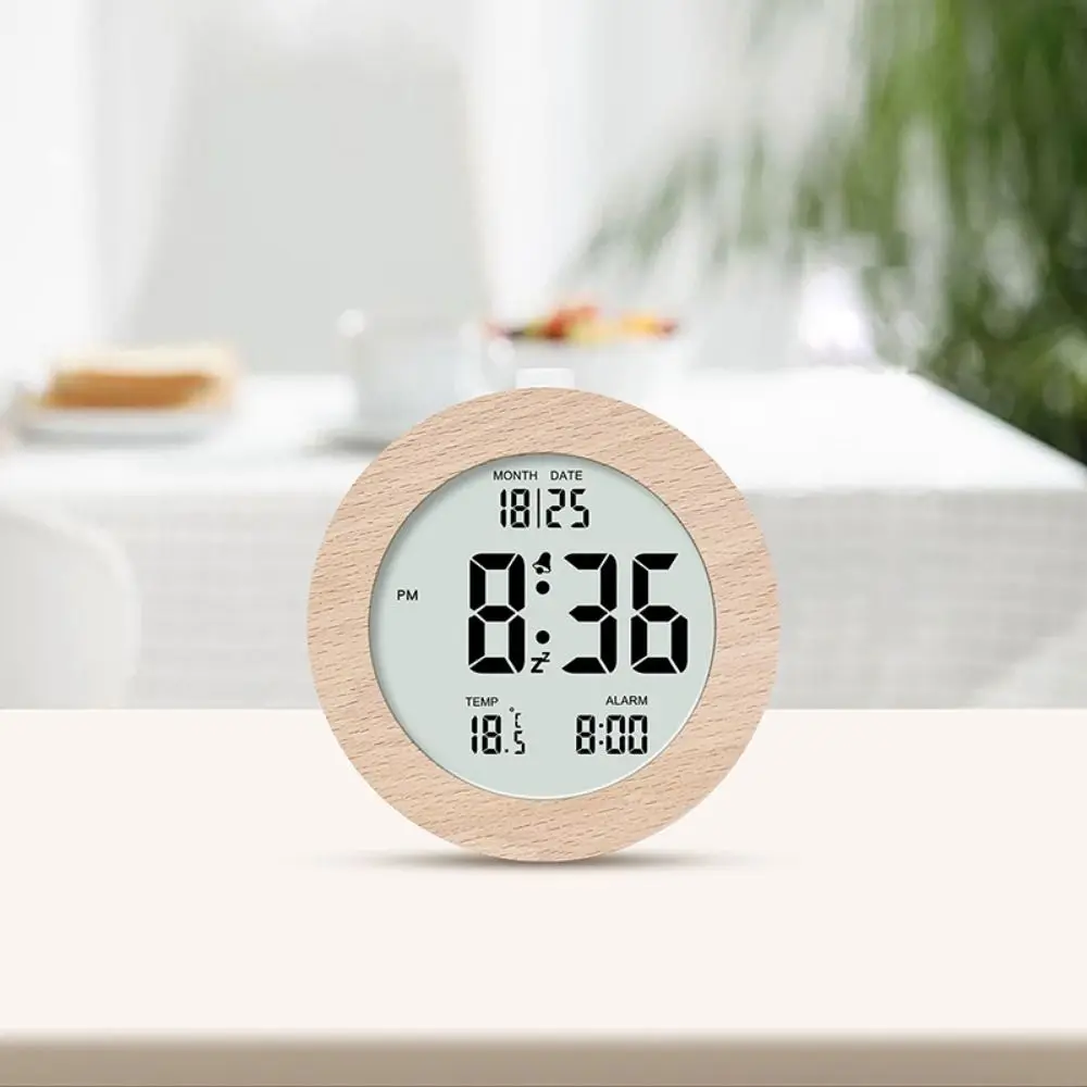 

Round/Square Wooden Alarm Clock Silent Nordic Style LCD Digital Table Clock Battery Operated Date Temperature Display