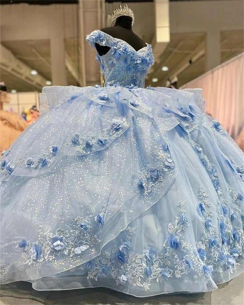 فستان حفلة من قماش التل بدون أكتاف ، فساتين أميرة Quinceanera باللون الأزرق السماوي ، فساتين حلوة 16 ، 15 سنة