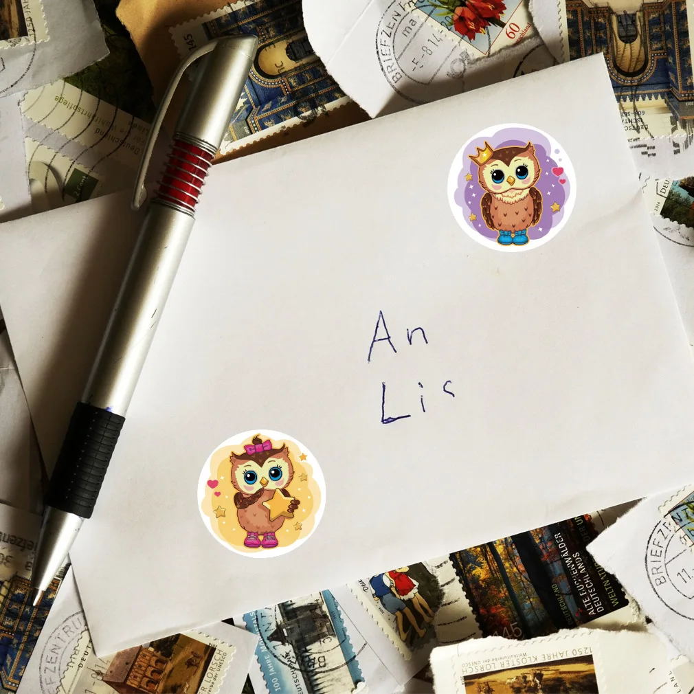 500Pcs/Roll Cartoon Cute Owl Reward Stickers,4 Designs Happy Term Begins Season 2.5cm/1.0in For Game Gift Envelope Seal Labels