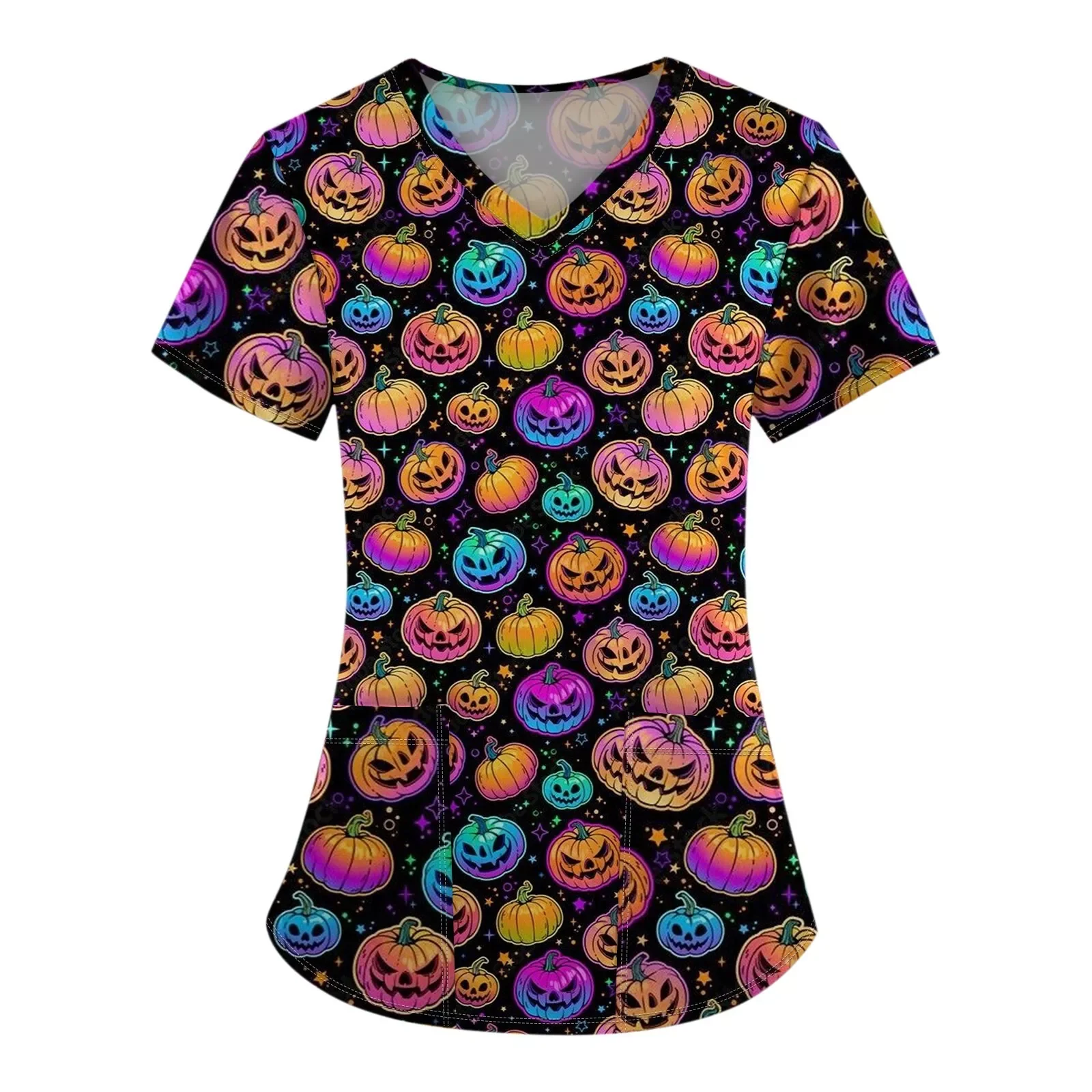 Halloween Surgical Uniforms Woman Cartoon Pattern Print Dental Nurse Tops Comforts V-Neck Short Sleeve Clinical Uniform Woman