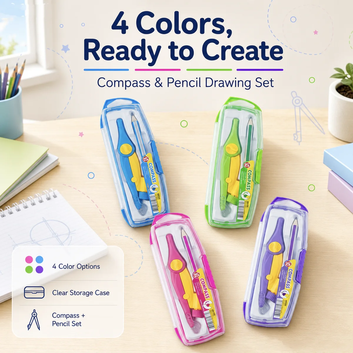 Boxed Colored Compass Set - Premium Drawing Tool with Pencil
