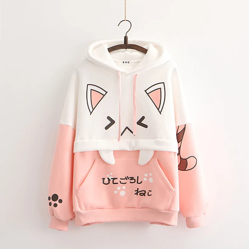 Autumn Y2k Harajuku Thicken Hoodies Women Japanese Style Kawaii Sweet Streetwear School Girls Cute Cat Print Hooded Sweatshirt