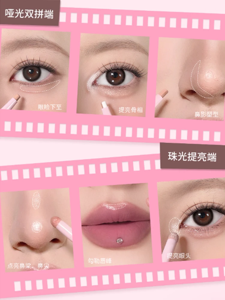 DIJIA Caneta de bicho-da-seda de duas cabeças de uso duplo para delinear sombras rosa destaque iluminar maquiagem dos olhos