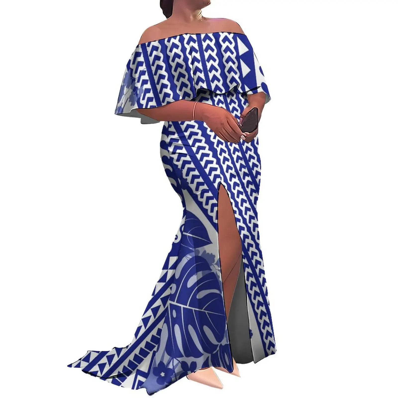 

Налог в комплекте, индивидуальное платье с разрезом и гавайским принтом, женское многослойное длинное платье из полинезийского племени с рюшами и открытыми плечами «рыбий хвост»