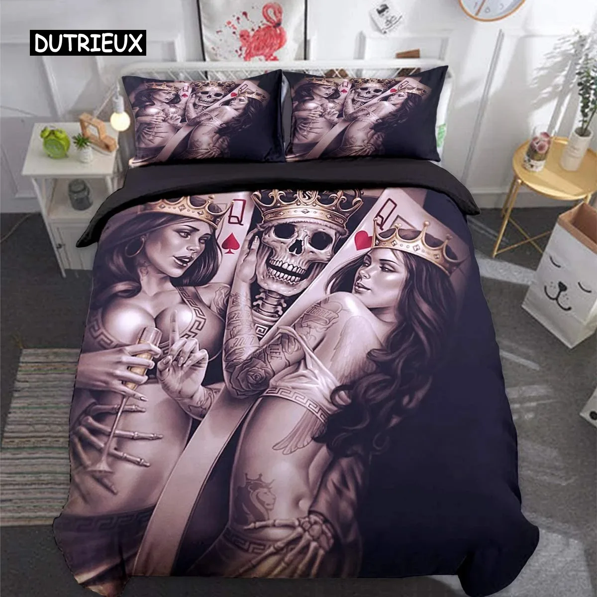 

Skull Duvet Cover Golden Crown Bedding Set,3D Printed Halloween Skull with Two Beauty Quilt Cover Set,Crown Comforter Cover