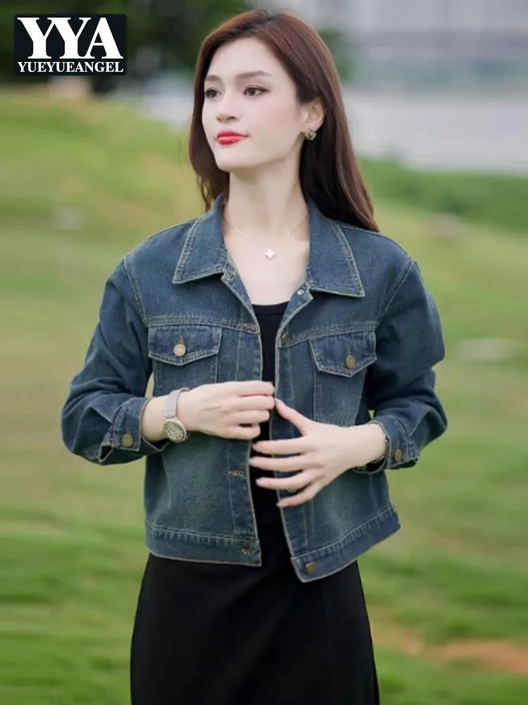 

Autumn Retro Womens Denim Short Jacket Turndown Collar Loose Fit Coat Fashion Casual Single Breasted Spring Top Pocket Outerwear