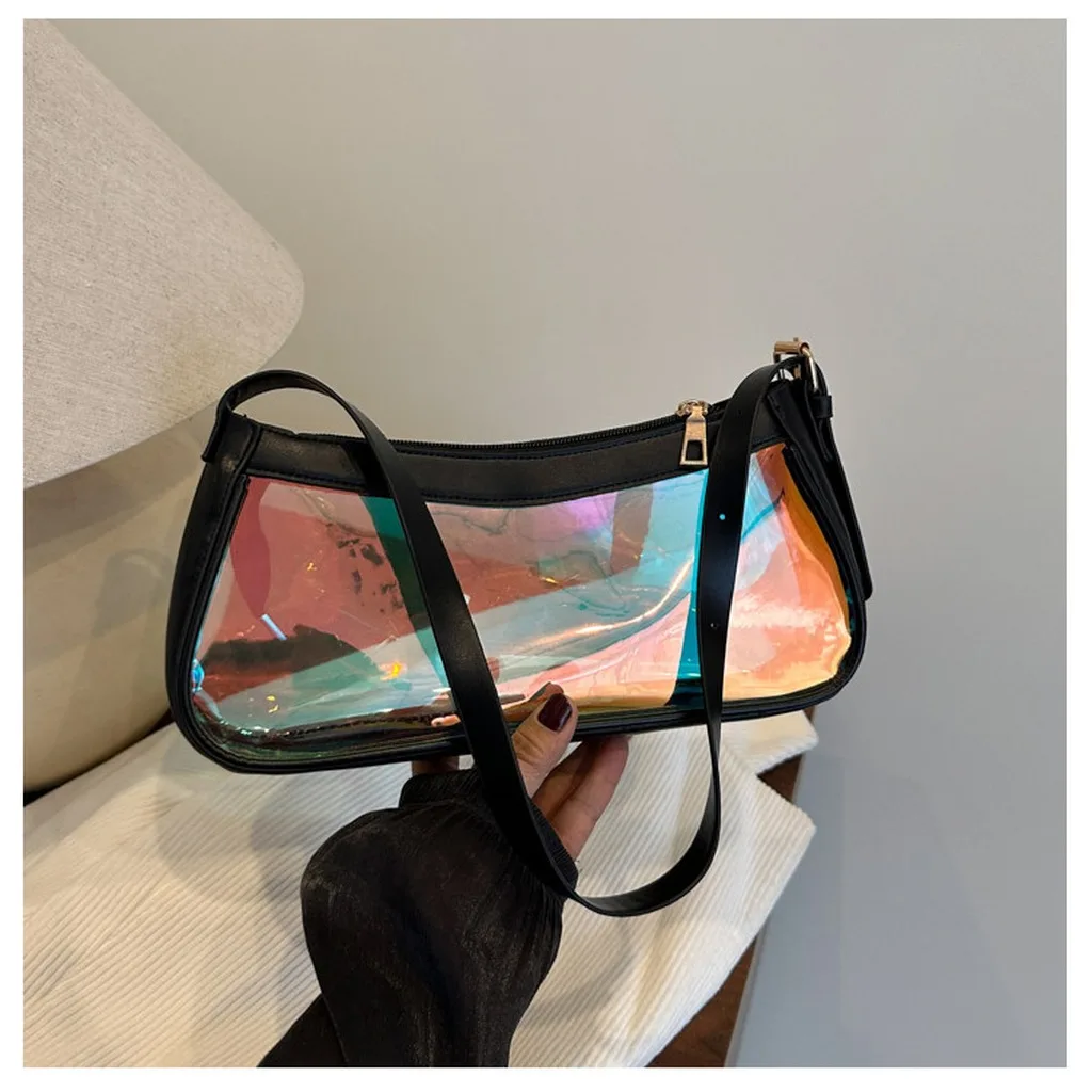 Pu Leather Binding Bag Holographic Large Capacity Bag Transparent Underarm Bag Large Capacity For Dating Shopping Commuting
