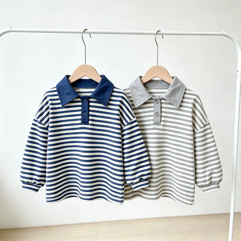 Toddler Kids Striped T-Shirt Long Sleeve Lapel Collar Casual Cotton Top Boys Girls Spring Autumn Daily Wear Pullover Clothes
