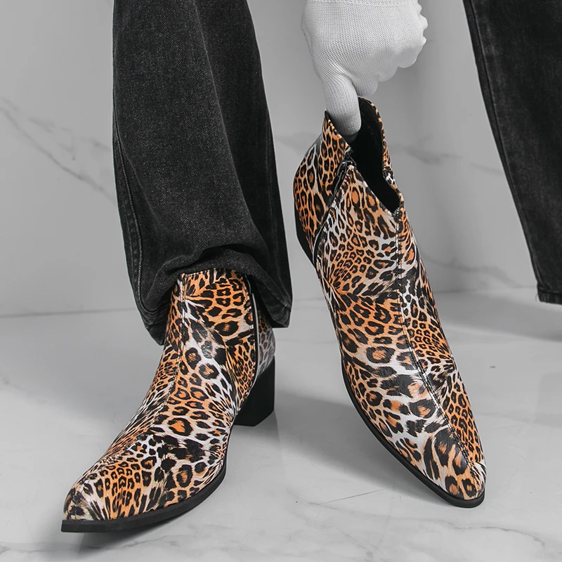 

Мужские ботинки челси на скрытой платформе с высоким каблуком, на молнии, с леопардовым принтом, кожаные, на нескользящей подошве, повседневные и деловые мужские ботинки