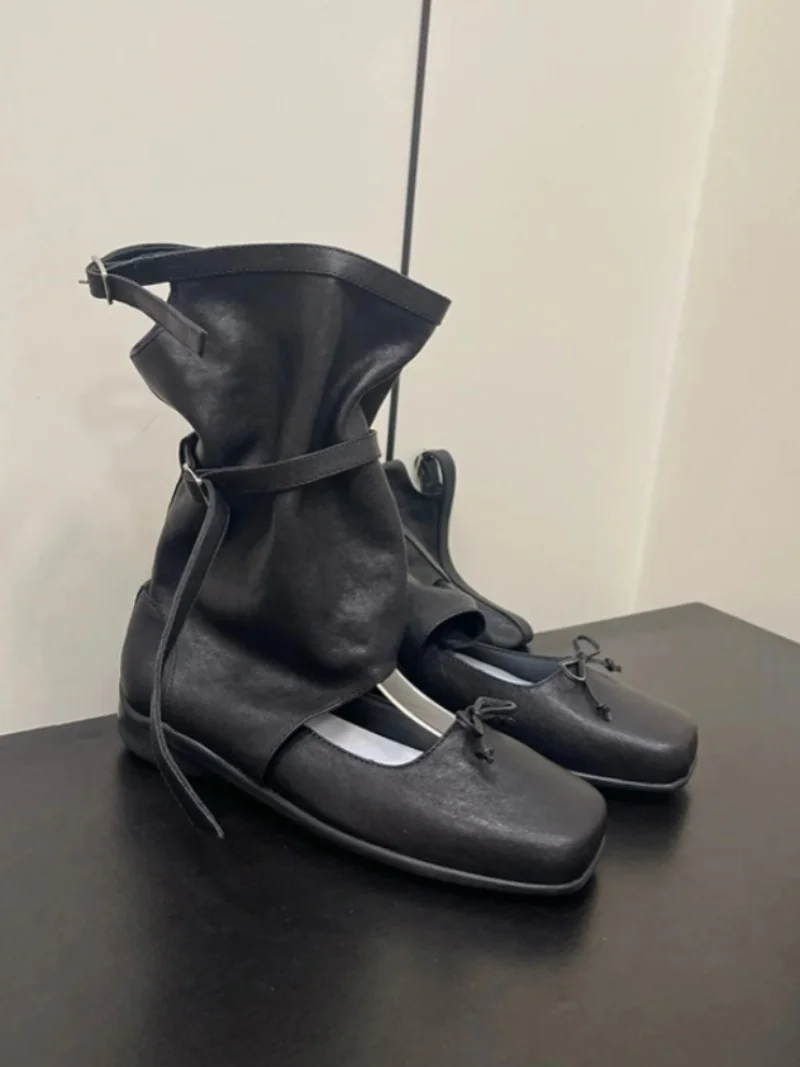 

2025 Spring New Women's Mid-calf Boots Round Toe Low Heel Thin Bottom Hollow Bowknot Belt Buckle Decoration Ladies Elegant Boots