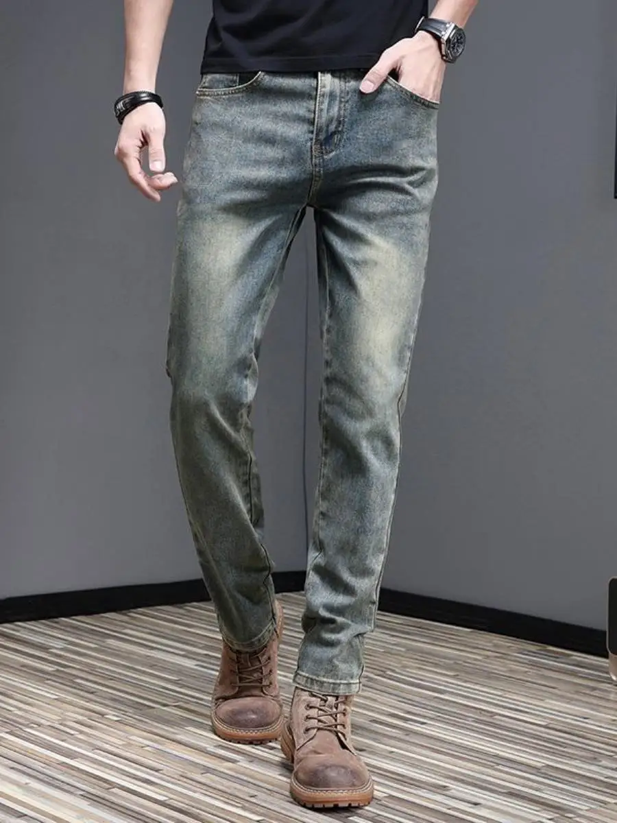 

Slim Fit Men's Jeans Elastic Retro Korean Straight Leg Jeans Trendy Autumn Faionable Casual Pure Color Spring Season