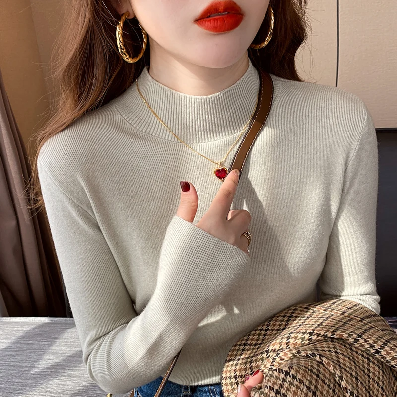 

Sweaters Knitted Sweater Women Pullovers New Long Sleeve Knit Sweater Pullover Women Tops Sueters De Mujer White Mock Neck Q2472