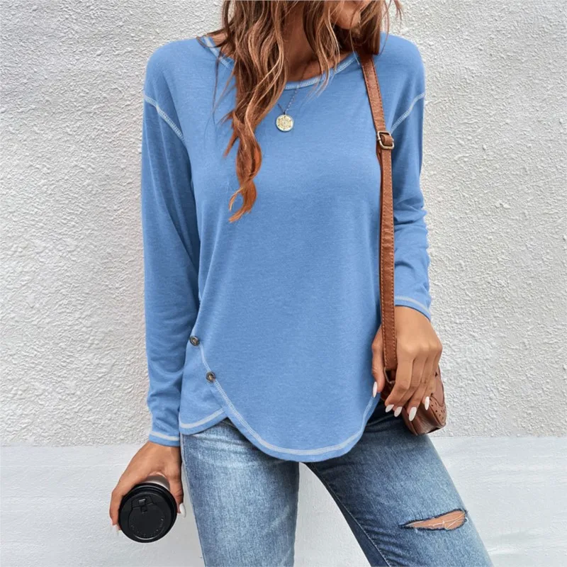 Autumn And Winter New Women\'s Button Irregular Long Sleeved T-shirt Solid Color Round Neck Loose Fitting Pullover  Woman Tops