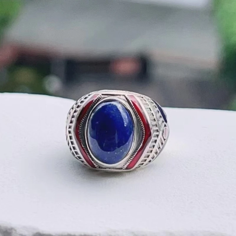 

Real Solid 925 Sterling Silver Band Men Women Lapis Lazuli Oval Carved Enamel Ring