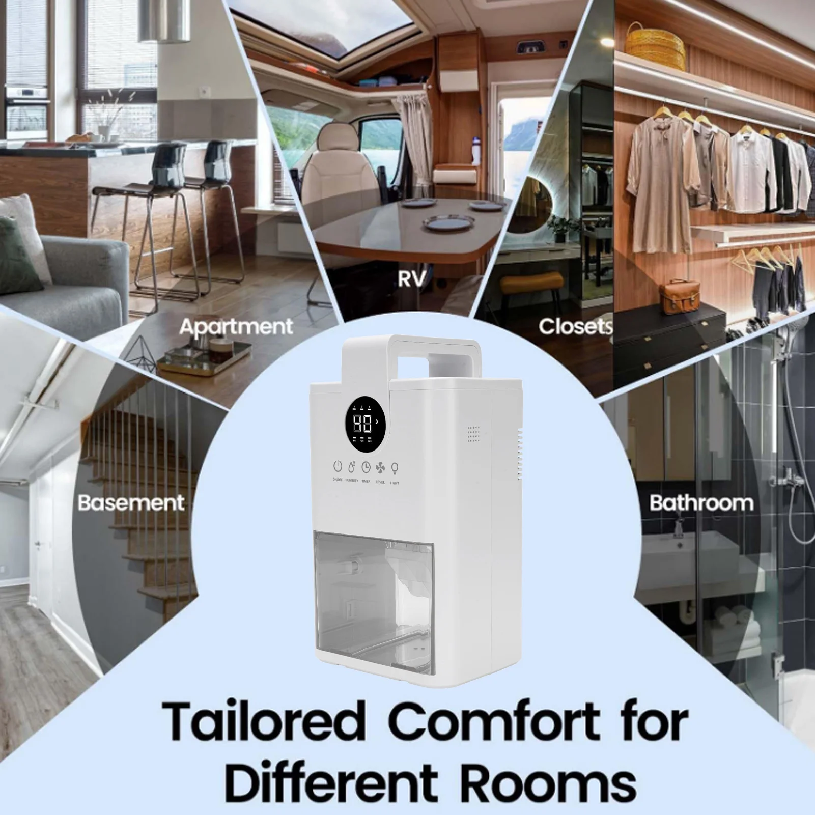 Desumidificador pequeno para casa, tanque de água de 1l, silencioso, umidade personalizável, 6h, 12h, 24h, temporizador, desligamento automático, luz noturna colorida para quarto