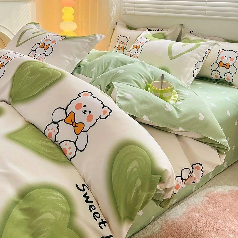 Imagem -05 - Conjunto de Cama Urso Coelho dos Desenhos Animados Folha Macia Capa de Edredão Fronha Roupa de Cama de Poliéster Twin Queen Full Size Capa de Edredão Floral