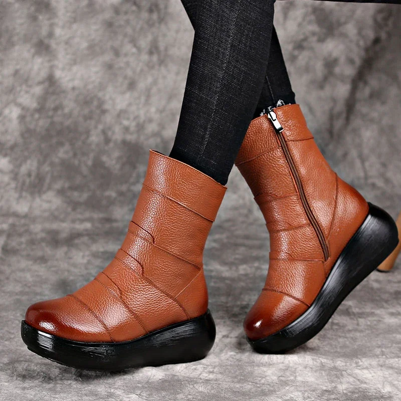 CEYANEAO Genuine Leather Flat Platform Half Boots Women Shoes  Winter Round Toe Vintage Platform Mid-Calf Boots Woman Zipper