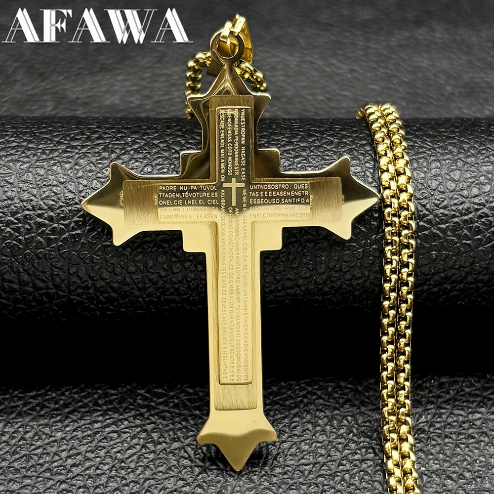 Große Bibel Jesus Kreuz Anhänger Halskette für Frauen Männer Edelstahl Gold Farbe Katholische Kette Schmuck cruz de acero inoxidable